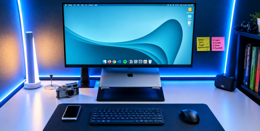 Futuristic Blue Neon Productivity Desk